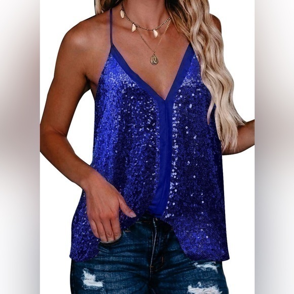 Tops - Blue sequin v neck tank top - size small